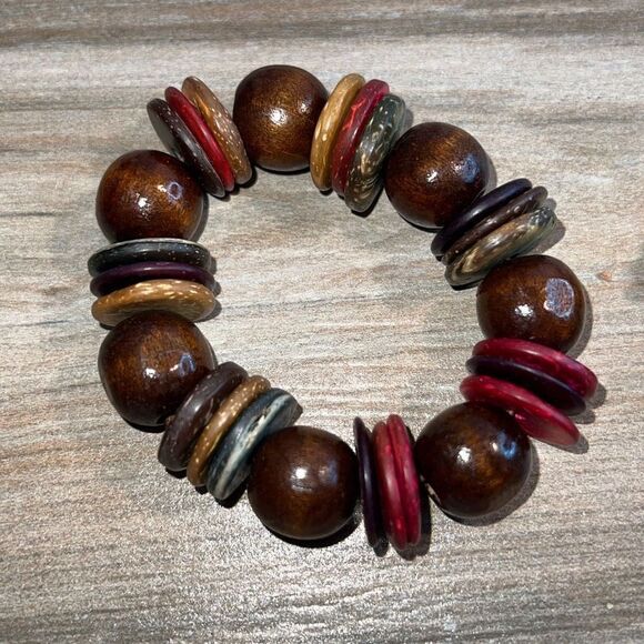 Green And Wood Multi Color Stretch Bracelet Bundle Of 2 Bracelets - Picture 2 of 7